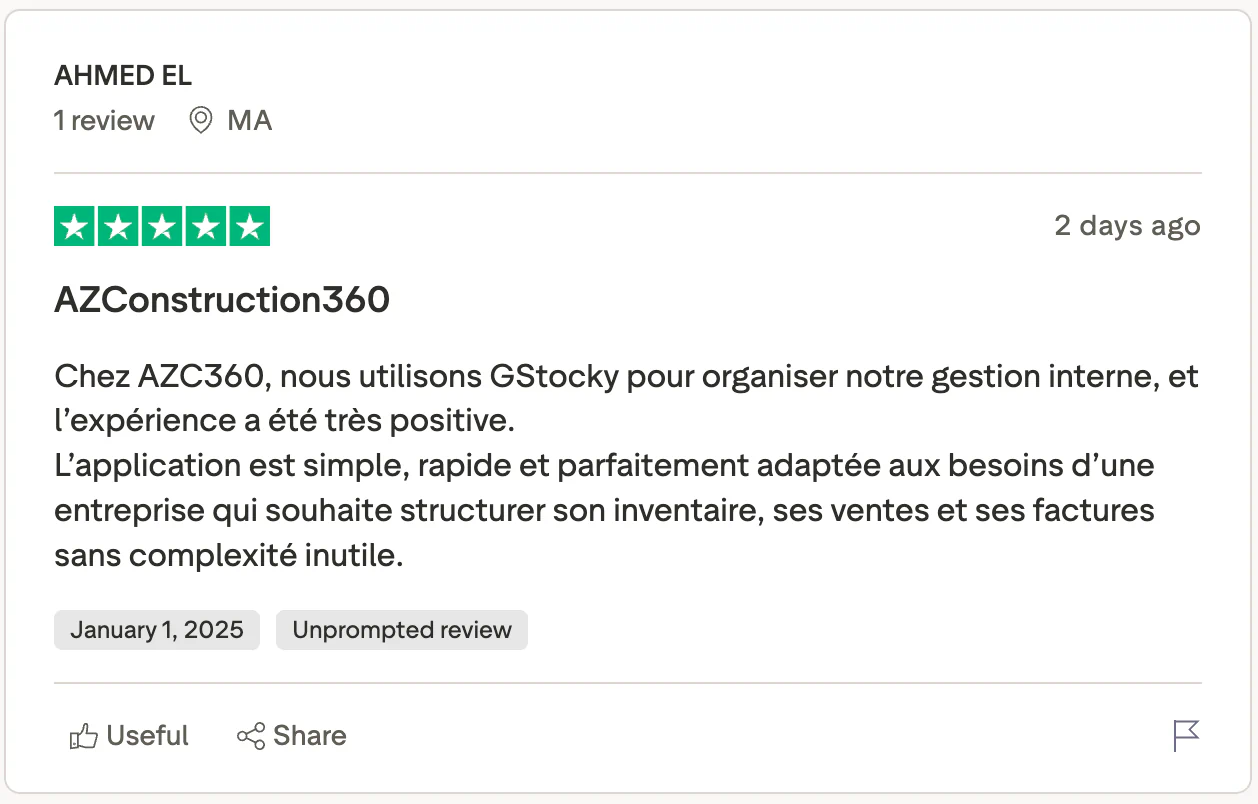 Avis 5 étoiles d’Ahmed El sur GStocky pour organiser inventaire, ventes et factures