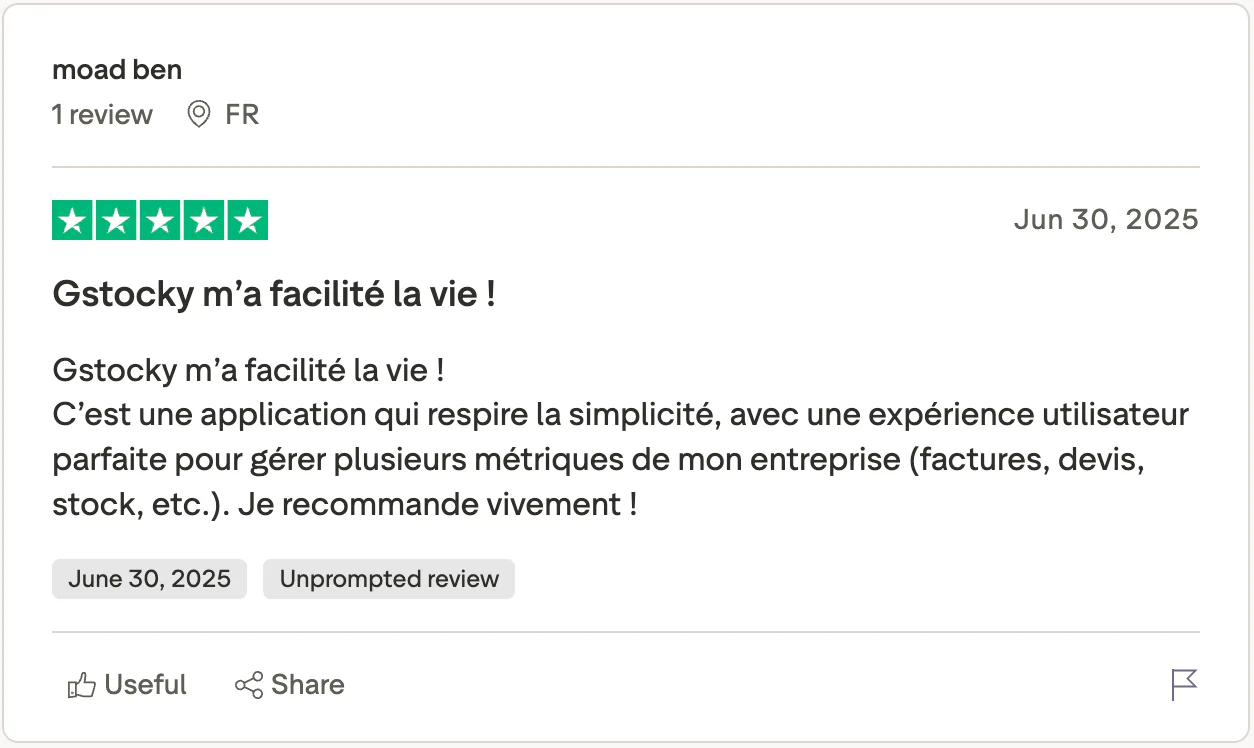 Avis 5 étoiles de Moad Ben sur la simplicité du logiciel de gestion GStocky