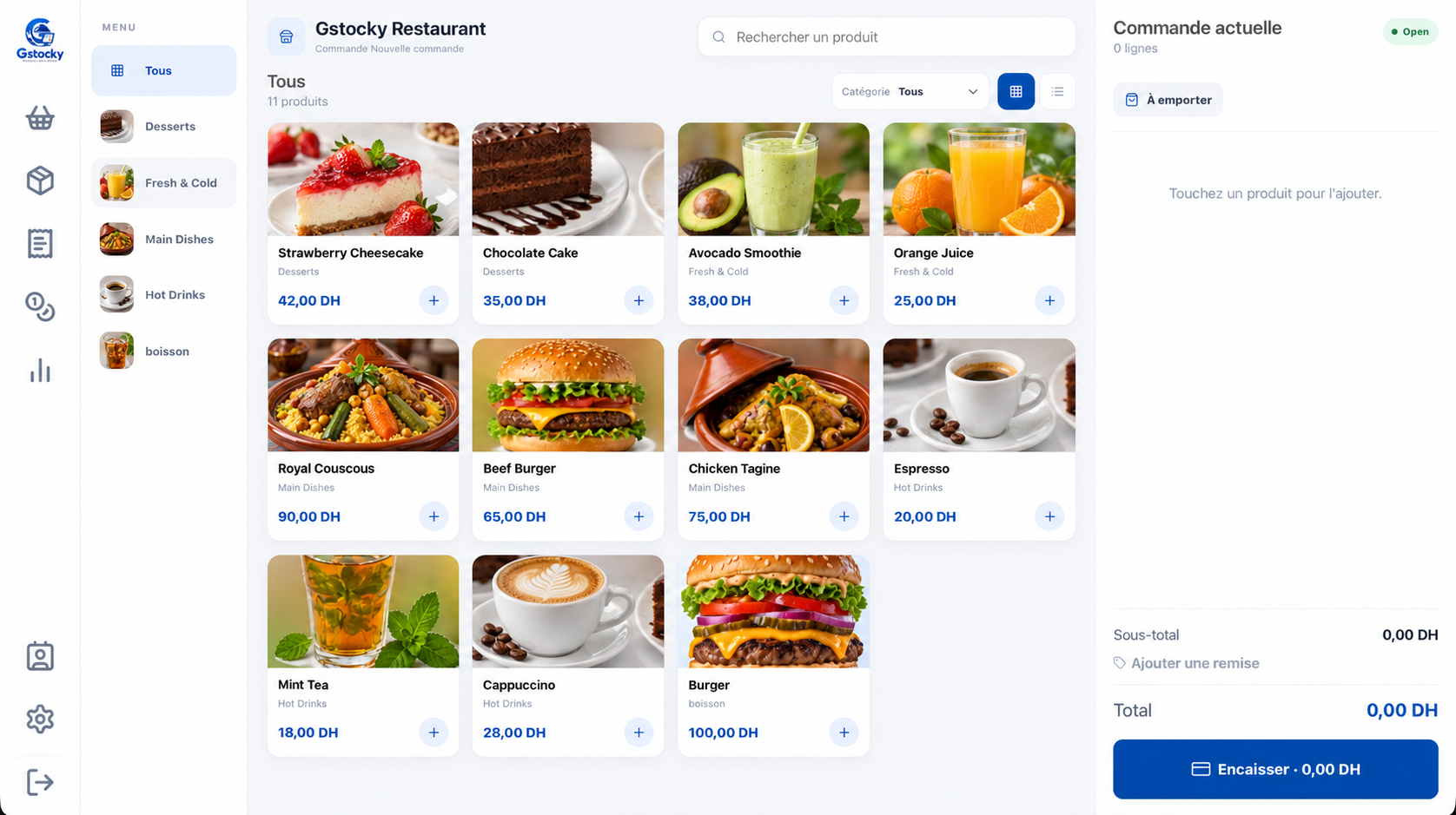GStocky Restaurant POS product grid and current order screen