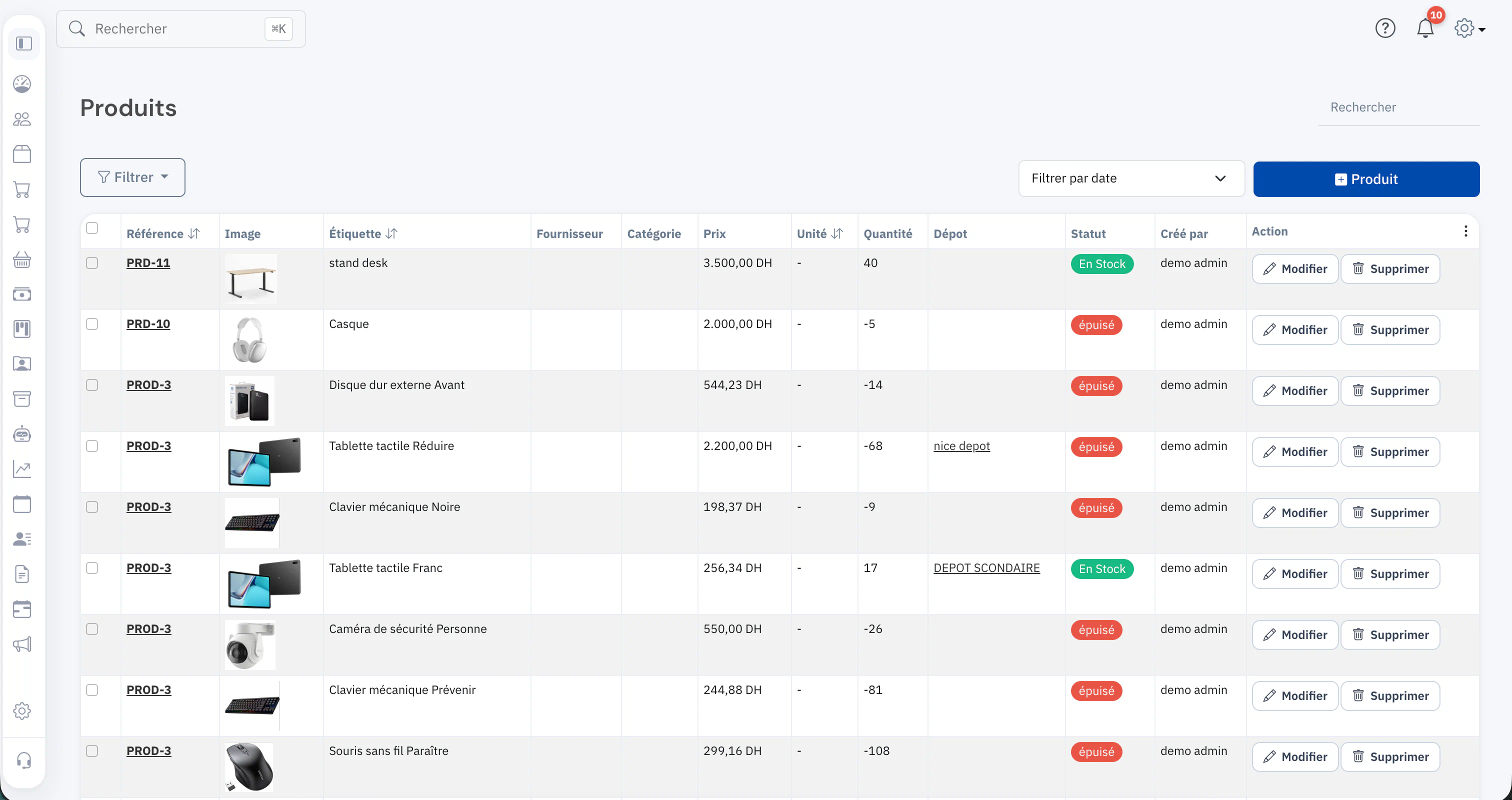 Logiciel de gestion de stock GStocky affichant les articles, quantités et mouvements