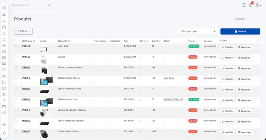 Logiciel de gestion de stock affichant les articles et quantités d’une PME au Maroc